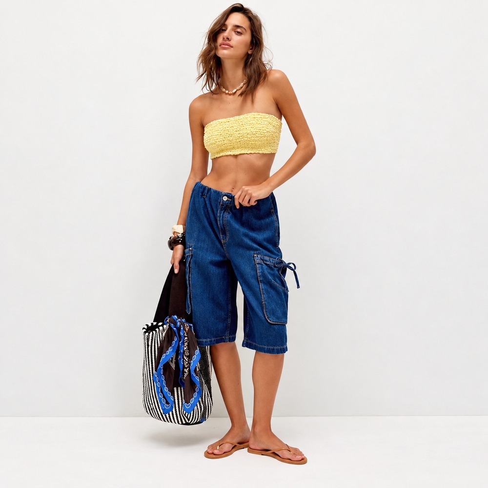 We The Free Marty Crop Cargo Bermuda Shorts Denim Blue Medium Wash Large Jorts